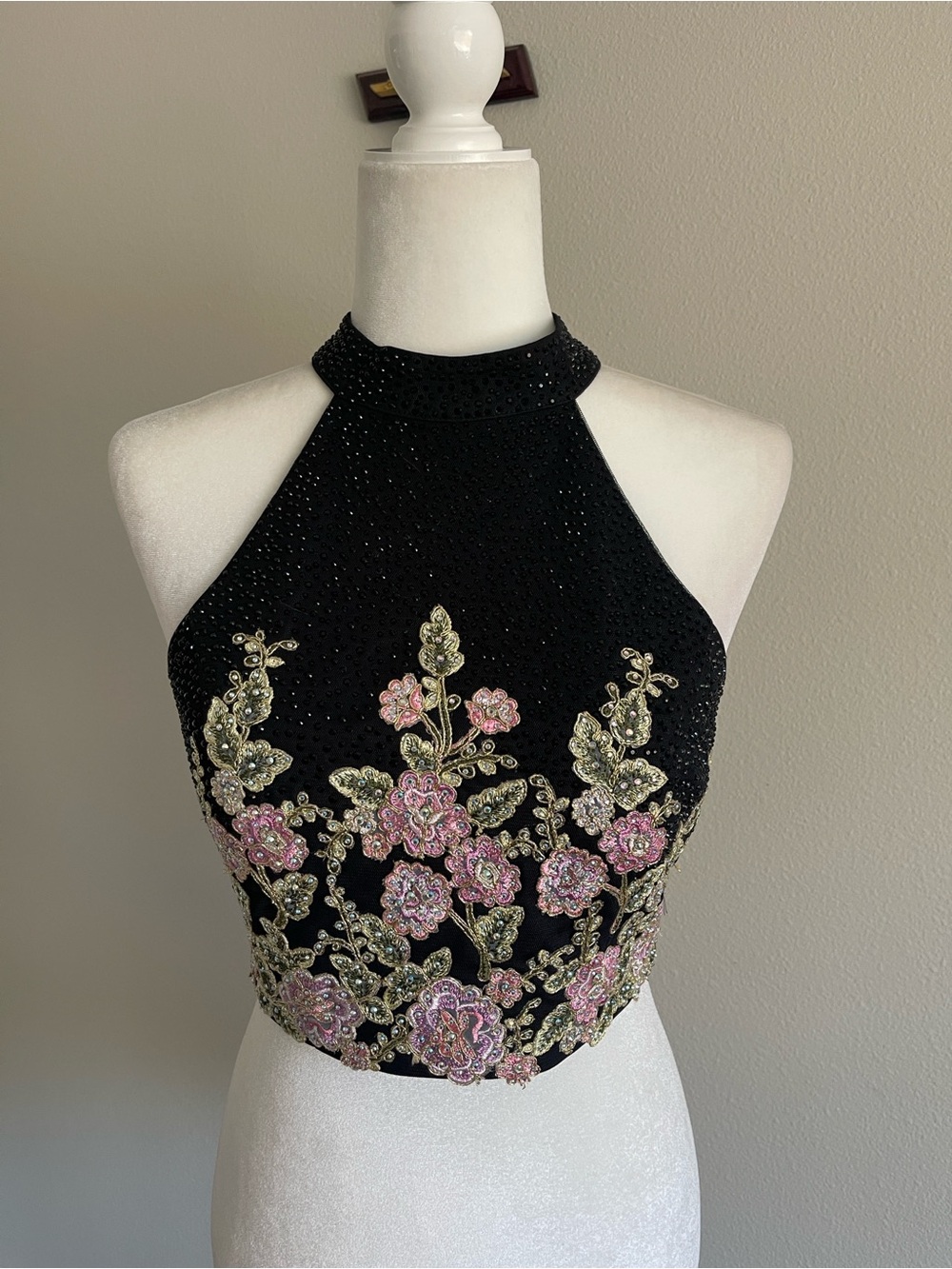 City Triangles Black Halter Crop Top with Pink and Gold Floral Appliqué